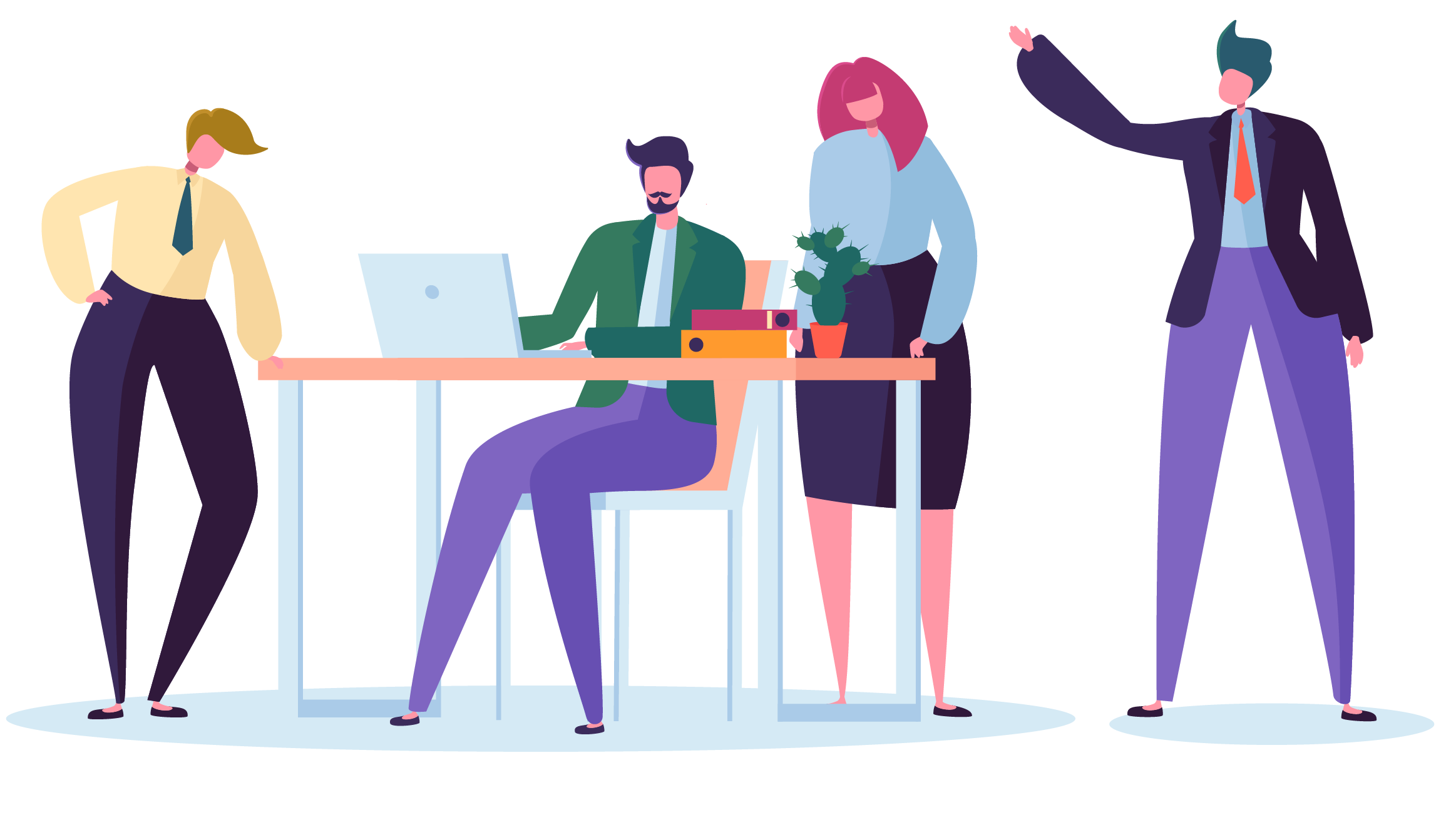 4 illustrated people stand around an office desk working together.